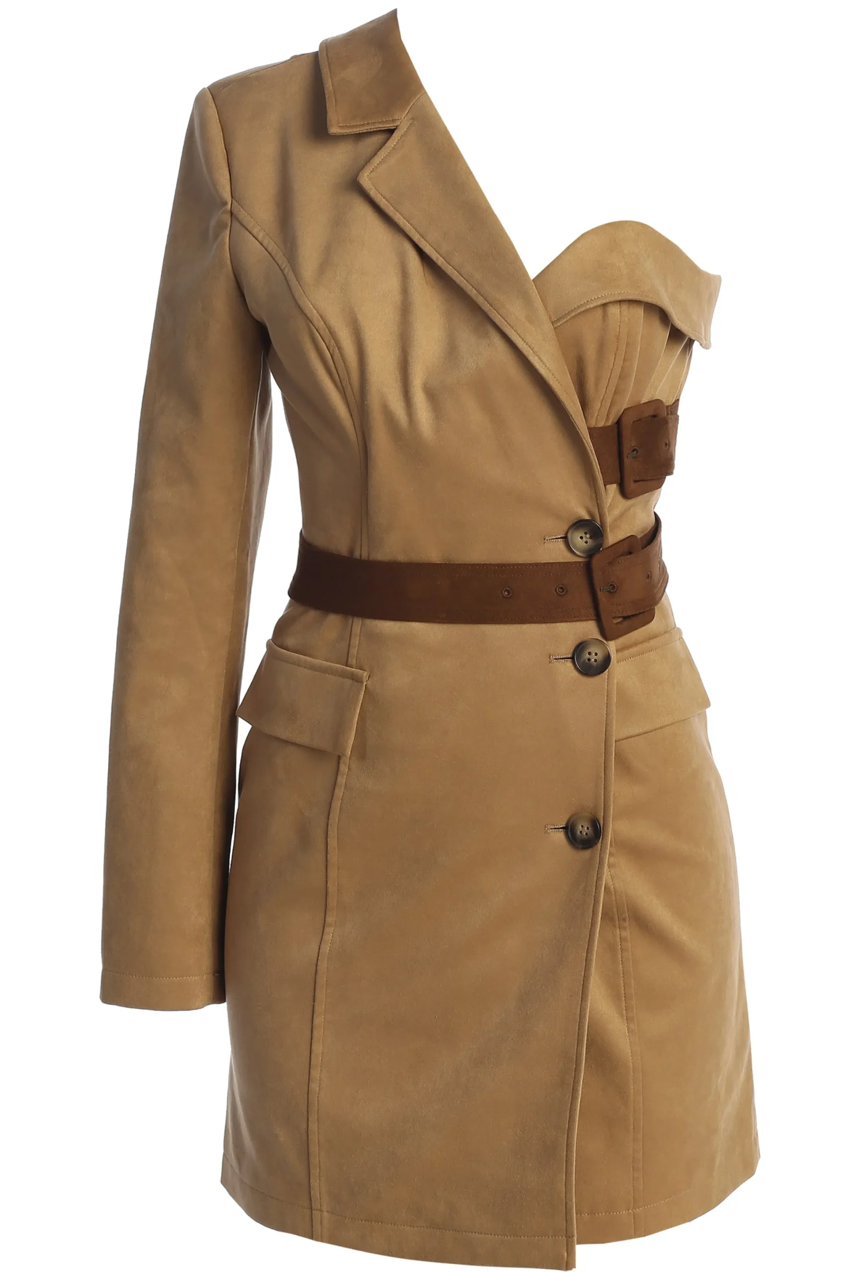 beige_one_shoulder_suede__1.webp JLUXLABEL Beige One Shoulder Suede Blazer Dress