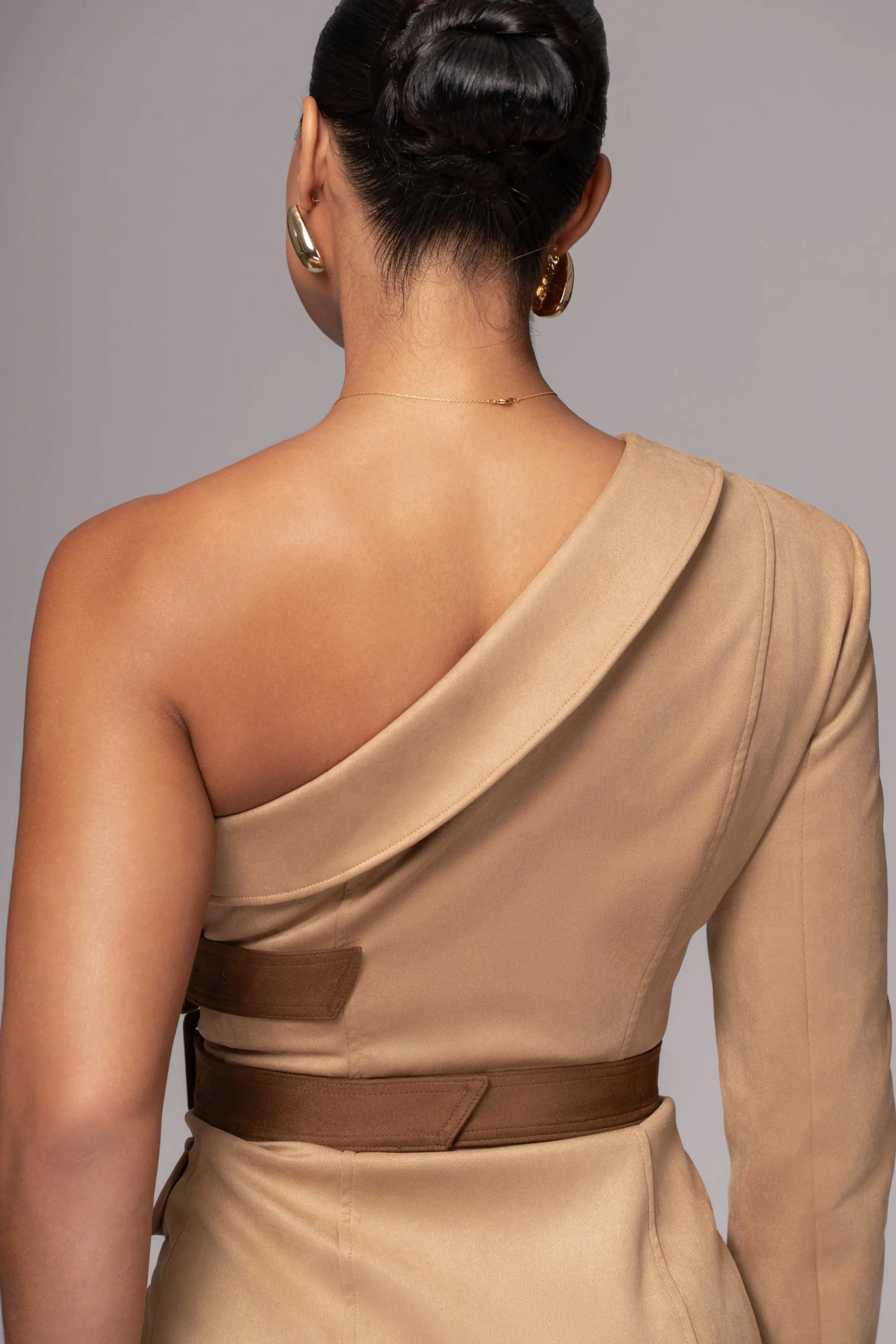 beige_one_shoulder_suede__11.webp JLUXLABEL Beige One Shoulder Suede Blazer Dress