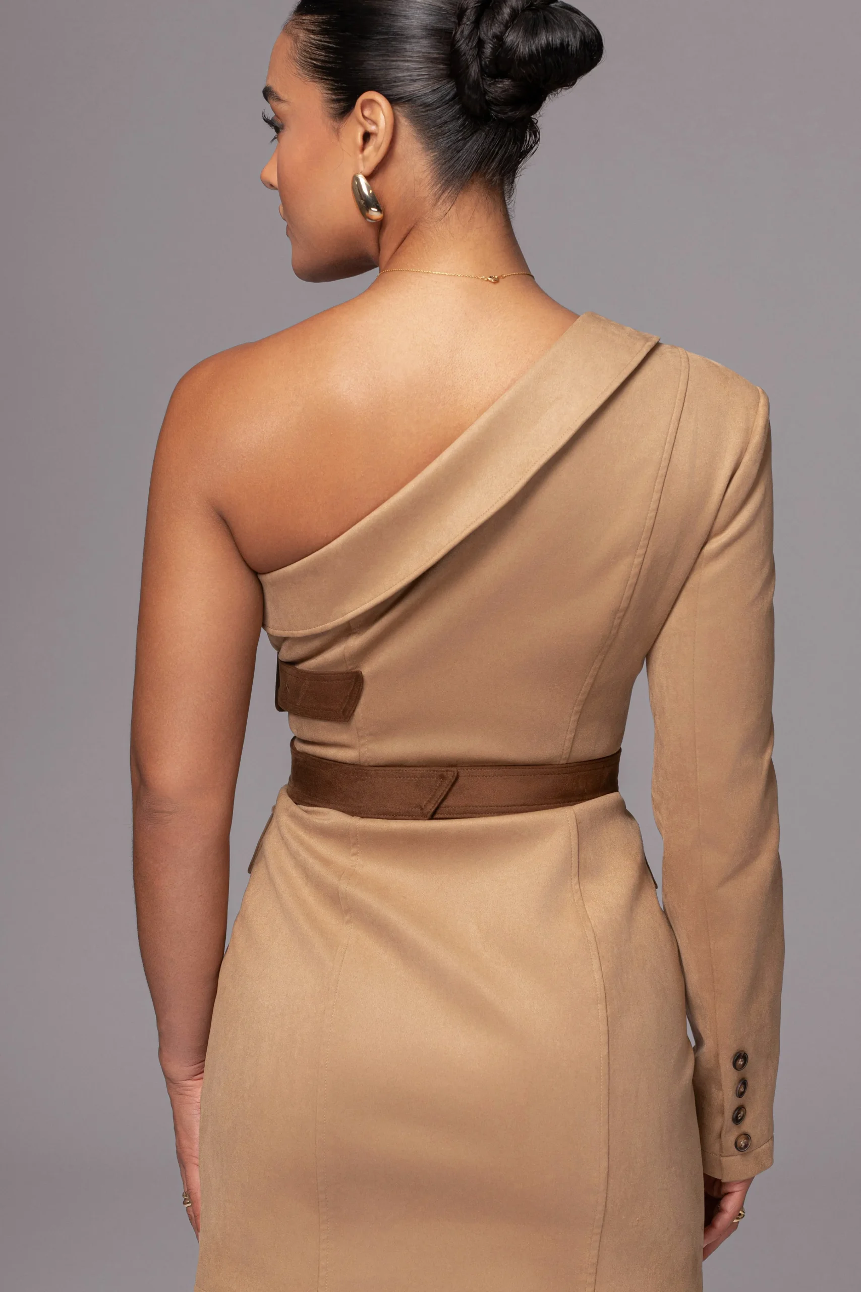 beige_one_shoulder_suede__12.webp JLUXLABEL Beige One Shoulder Suede Blazer Dress