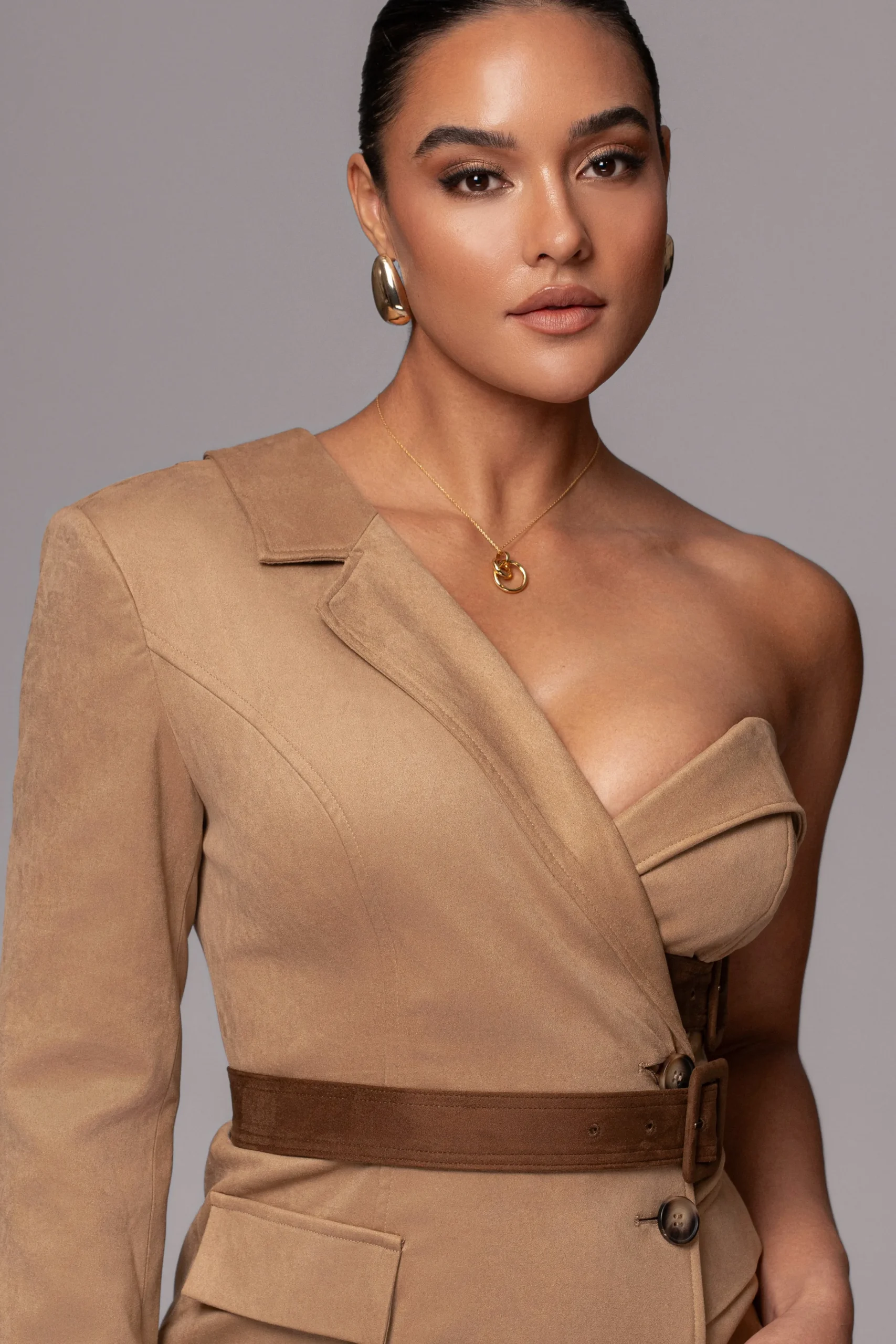 beige_one_shoulder_suede__3.webp JLUXLABEL Beige One Shoulder Suede Blazer Dress