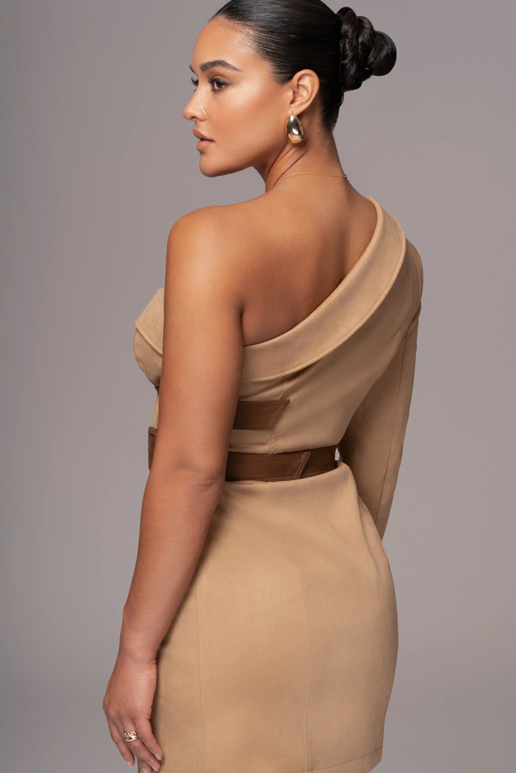 beige_one_shoulder_suede__9.webp JLUXLABEL Beige One Shoulder Suede Blazer Dress
