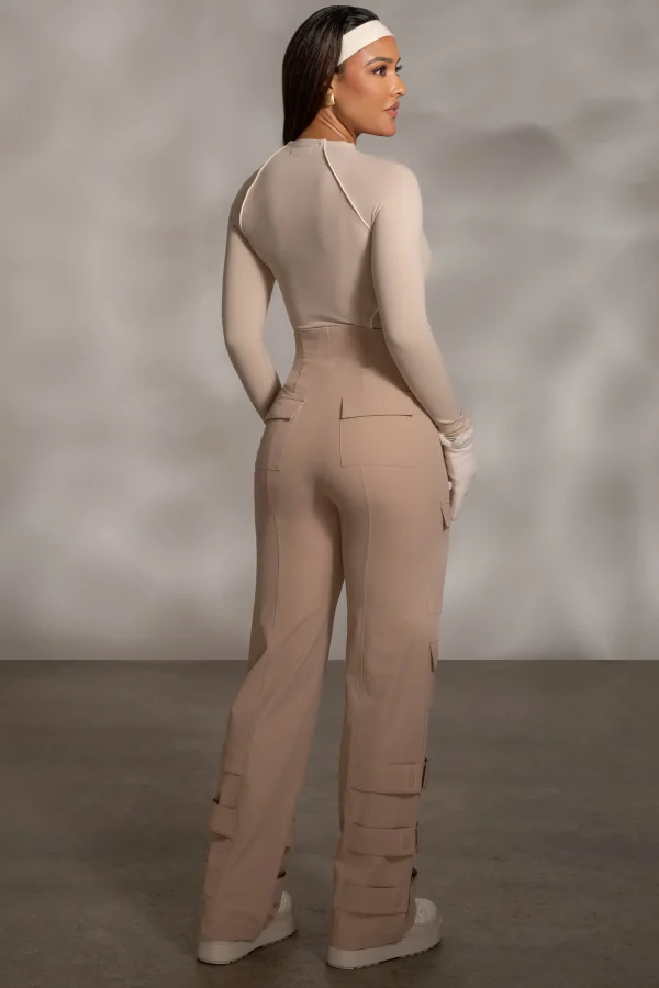 JLUXLABEL Beige Rise Up Zip Front Bodysuit