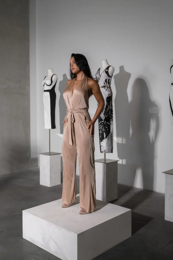 JLUXLABEL Beige Slinky Halter Belted Jumpsuit