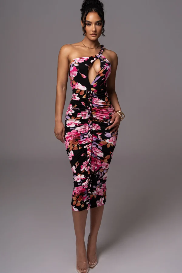 JLUXLABEL Black Floral Jess Ruched Midi Dress