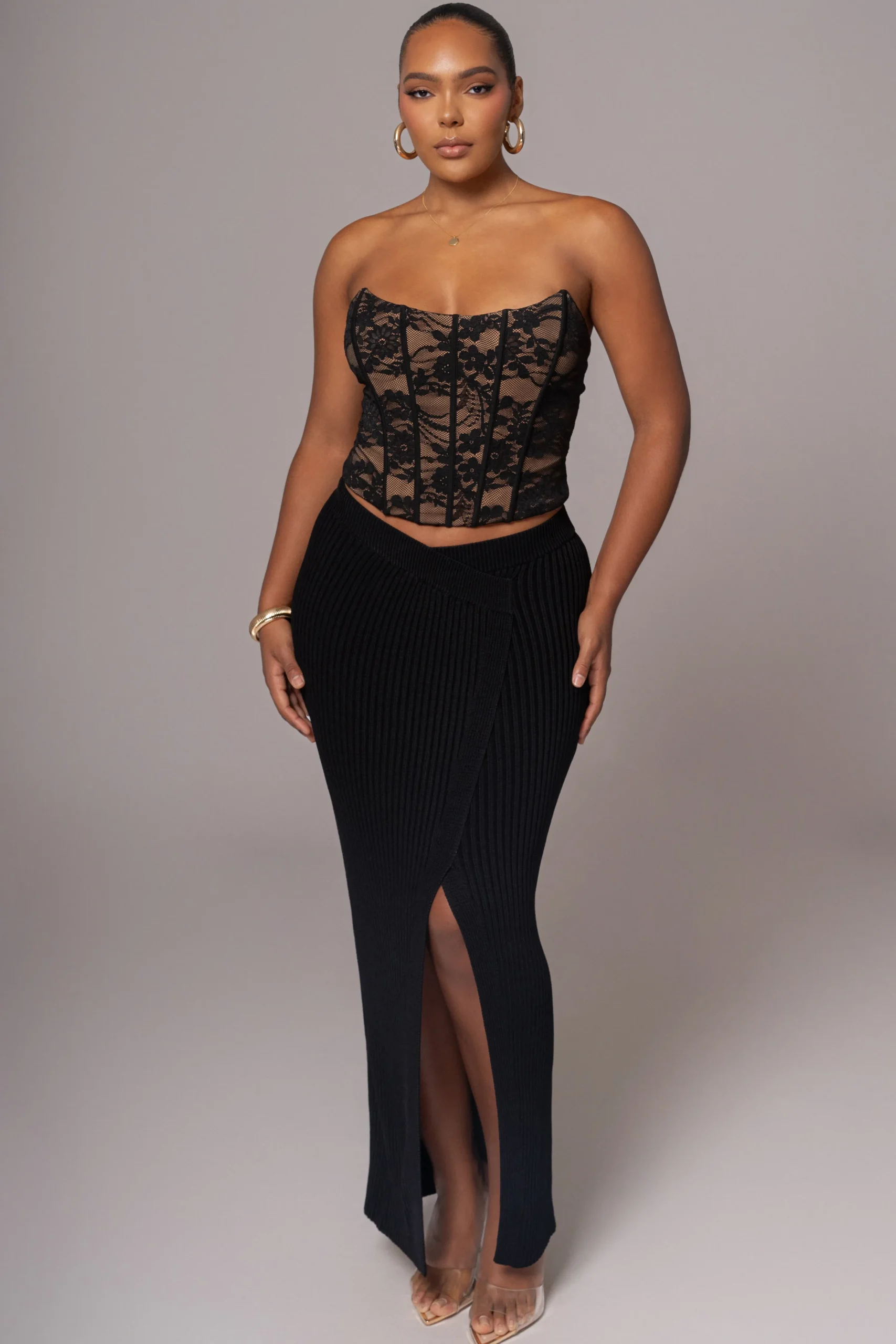 black_hamptons_ribbed_sli_0.webp JLUXLABEL Black Hamptons Ribbed Slit Skirt
