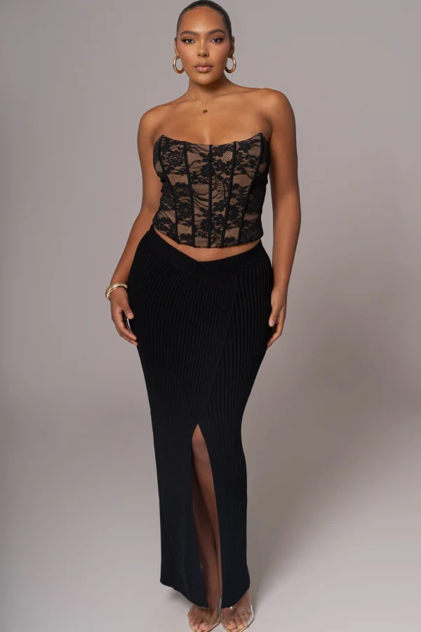 JLUXLABEL Black Hamptons Ribbed Slit Skirt