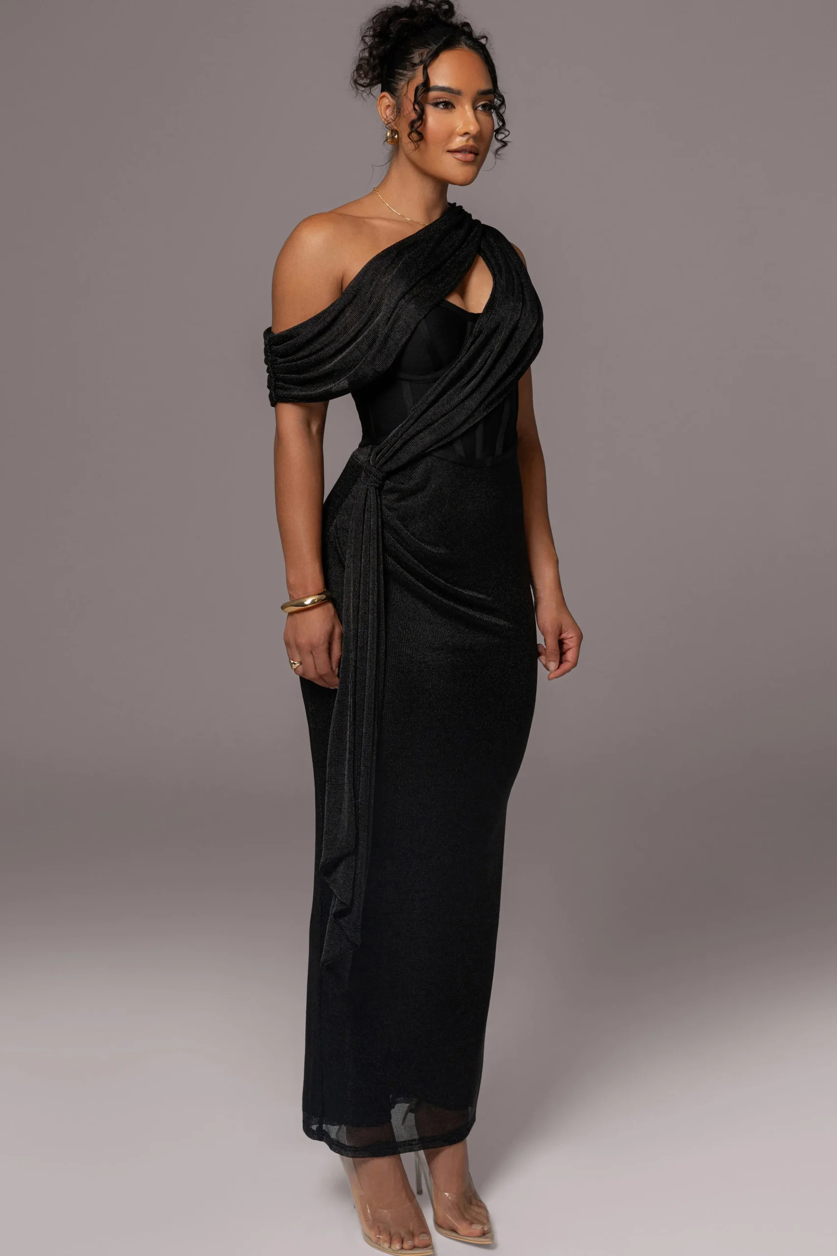 black_metallic_celestina__5.webp JLUXLABEL Black Metallic Celestina Draped Maxi Dress