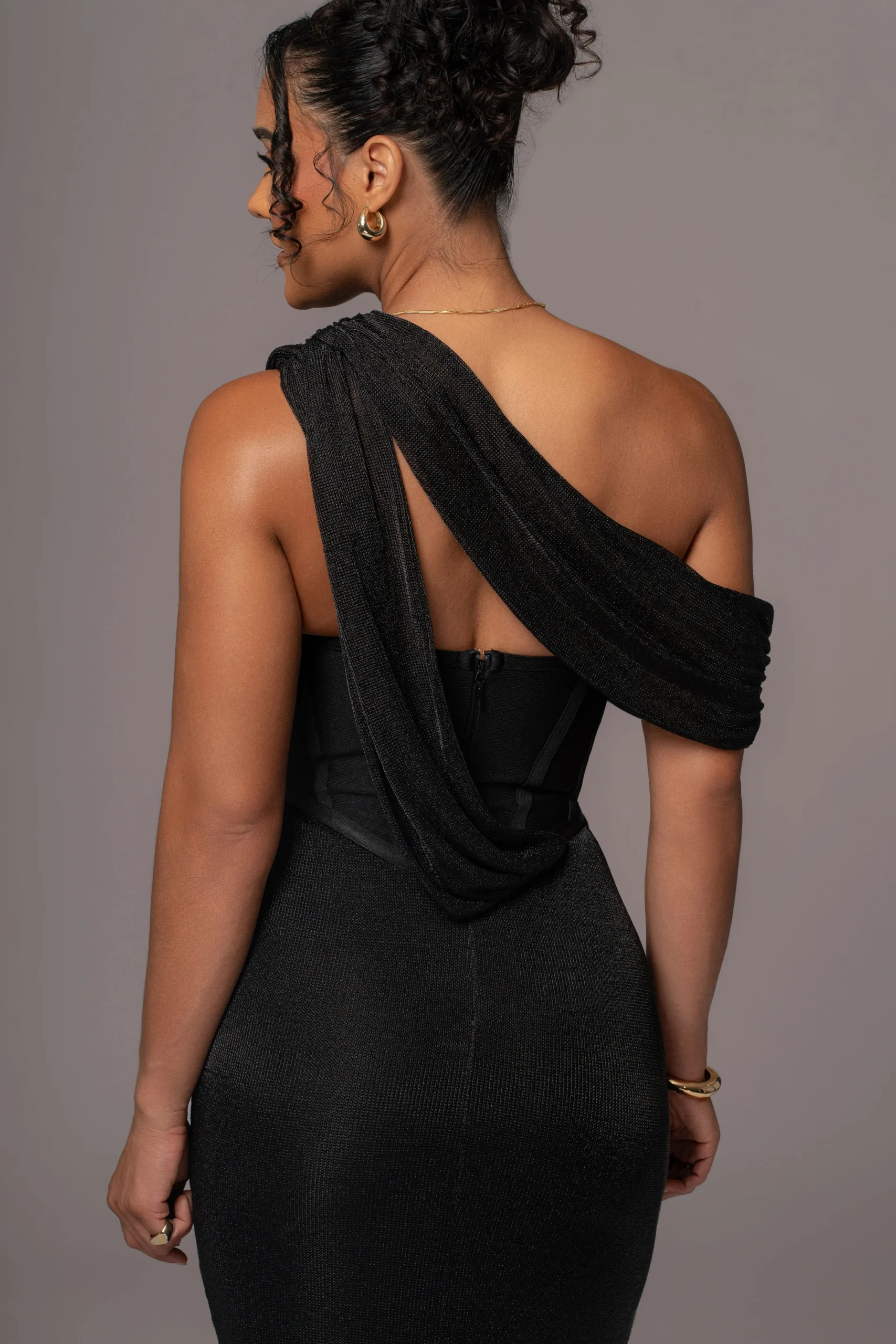 black_metallic_celestina__9.webp JLUXLABEL Black Metallic Celestina Draped Maxi Dress