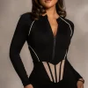 JLUXLABEL Black Rise Up Zip Front Bodysuit