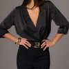 JLUXLABEL Black Satin Draped Top
