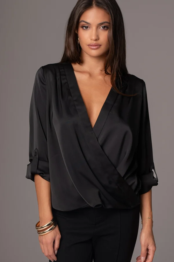 JLUXLABEL Black Satin Draped Top