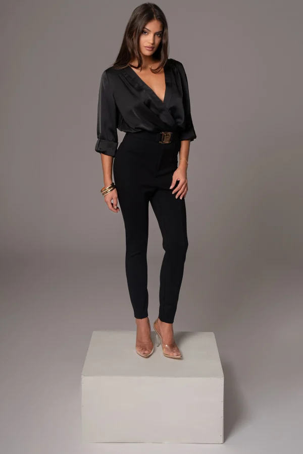 JLUXLABEL Black Satin Draped Top