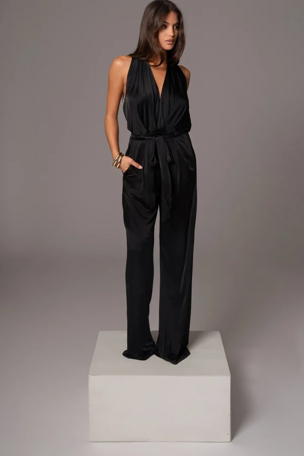 JLUXLABEL Black Slinky Halter Belted Jumpsuit