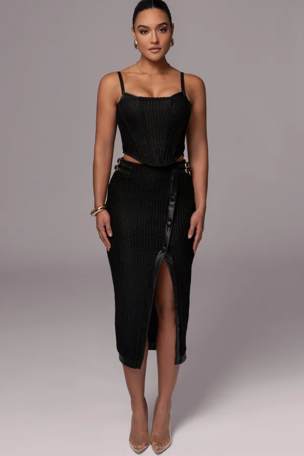 JLUXLABEL Black Textured Mystique Midi Skirt