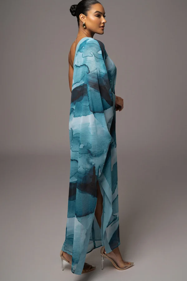 JLUXLABEL Blue Abstract Mariel One Shoulder Maxi Dress