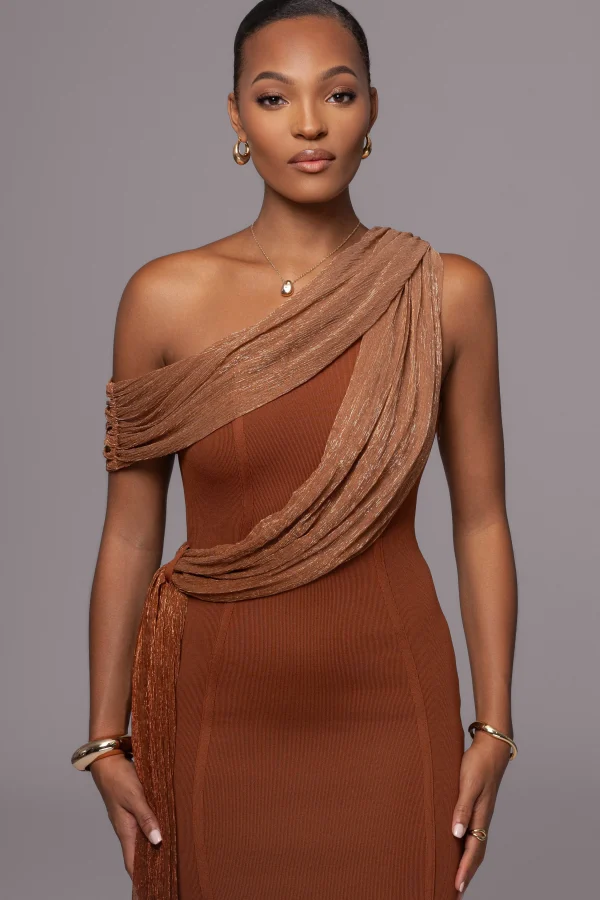 JLUXLABEL Bronze Asymmetric Drape Mini Dress