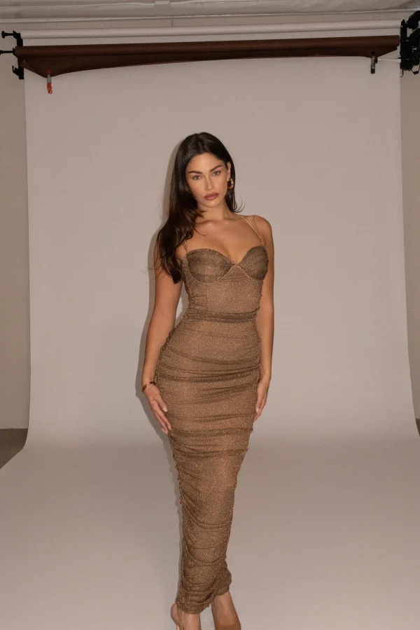 JLUXLABEL Bronze Ruched Metallic Maxi Dress