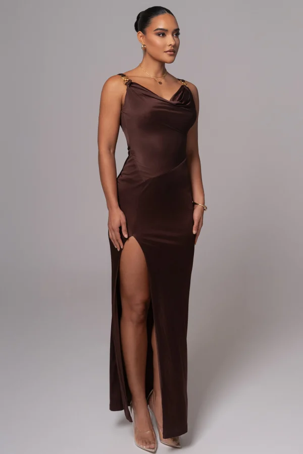 JLUXLABEL Chocolate Cowl Neck Chain Dress