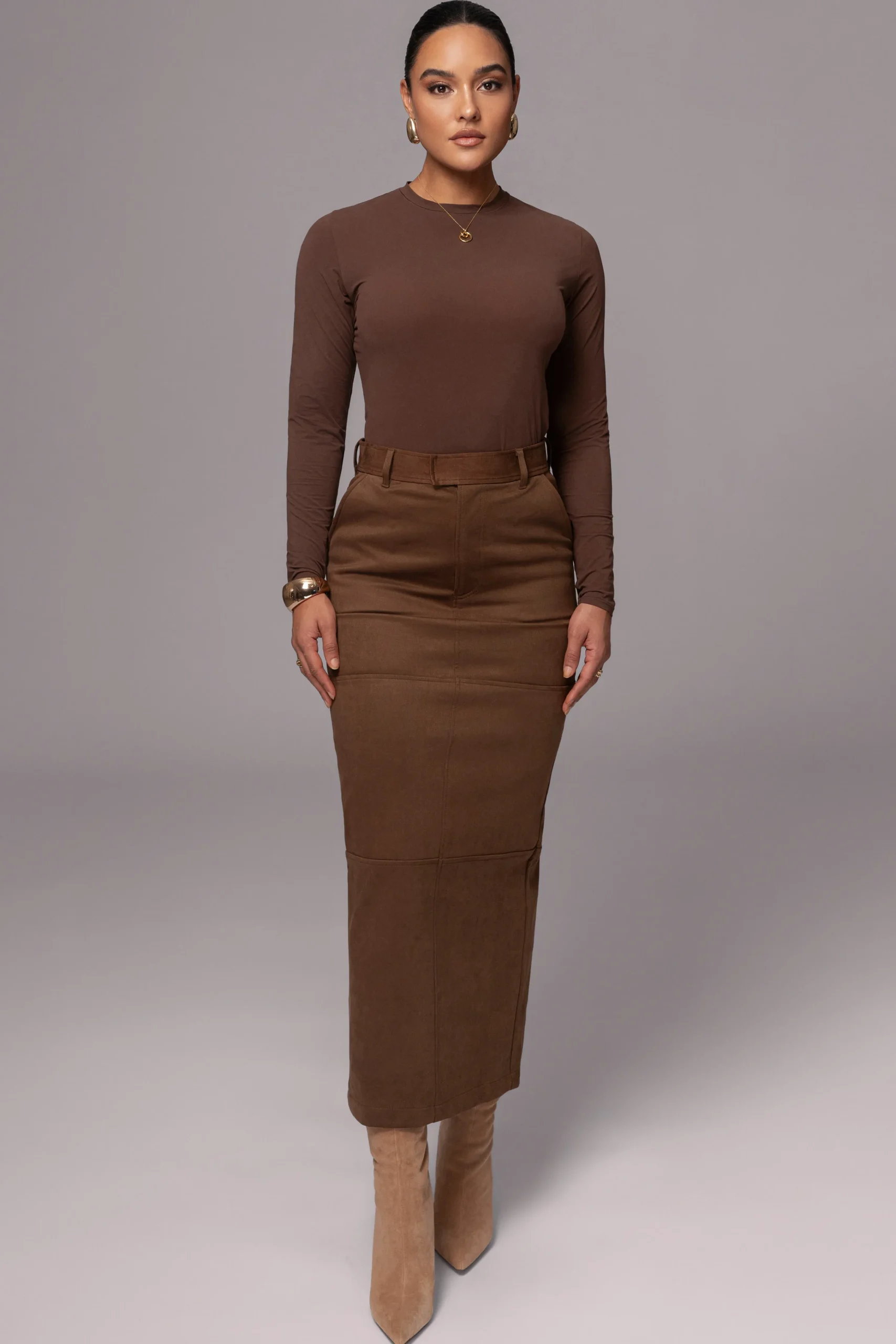 chocolate_joy_suede_maxi__4.webp JLUXLABEL Chocolate Joy Suede Maxi Skirt