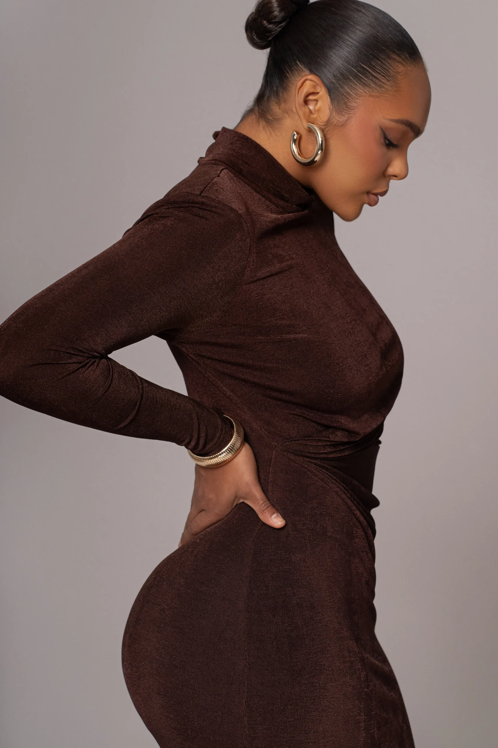 chocolate_kara_mock_neck__3.webp JLUXLABEL Chocolate Kara Mock Neck Dress