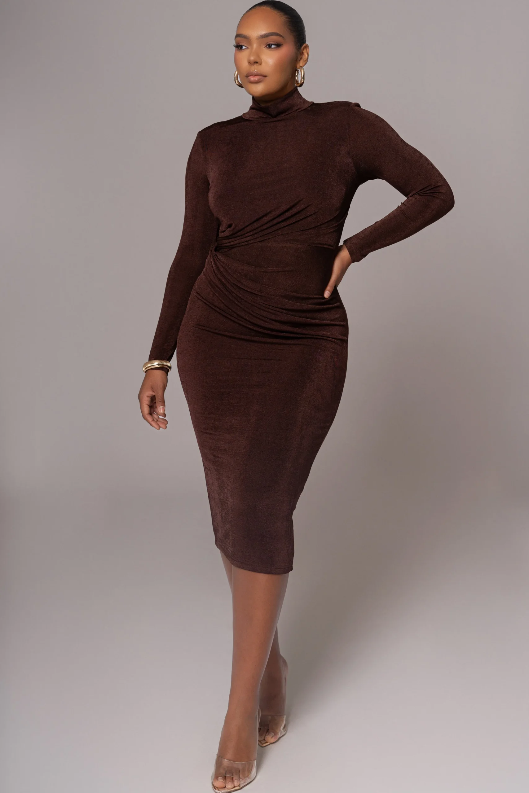 chocolate_kara_mock_neck__4.webp JLUXLABEL Chocolate Kara Mock Neck Dress