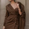JLUXLABEL Chocolate One Shoulder Suede Blazer Dress