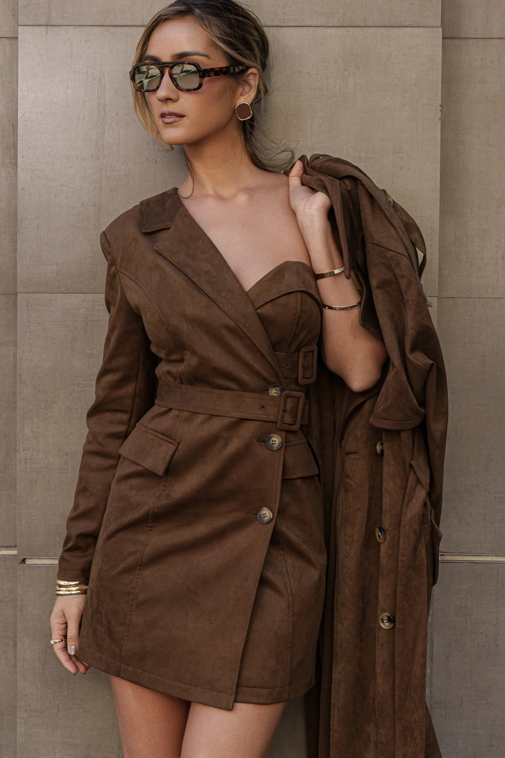 chocolate_one_shoulder_su_0.webp JLUXLABEL Chocolate One Shoulder Suede Blazer Dress
