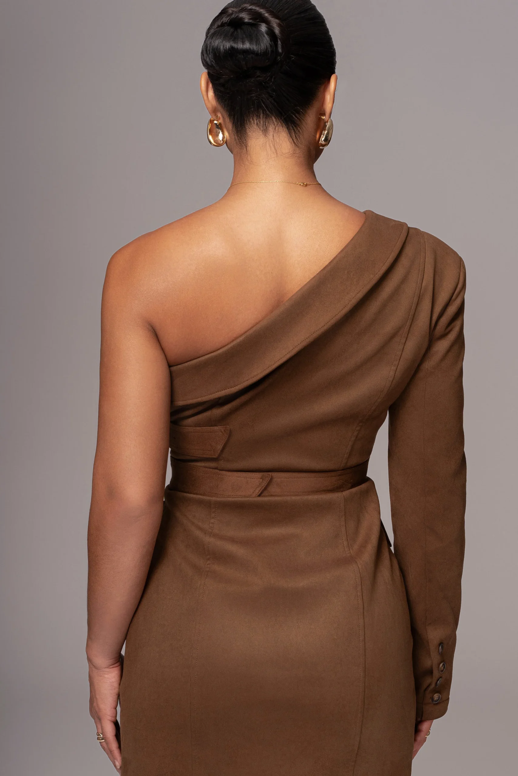 chocolate_one_shoulder_su_18.webp JLUXLABEL Chocolate One Shoulder Suede Blazer Dress