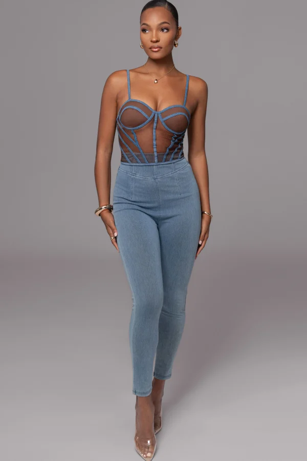 JLUXLABEL Dark Denim Illusion Mesh Bustier