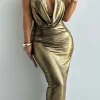 JLUXLABEL Gold Highlights Cowl Neck Maxi Dress