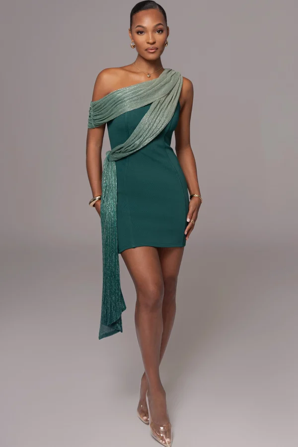 JLUXLABEL Green Asymmetric Drape Mini Dress