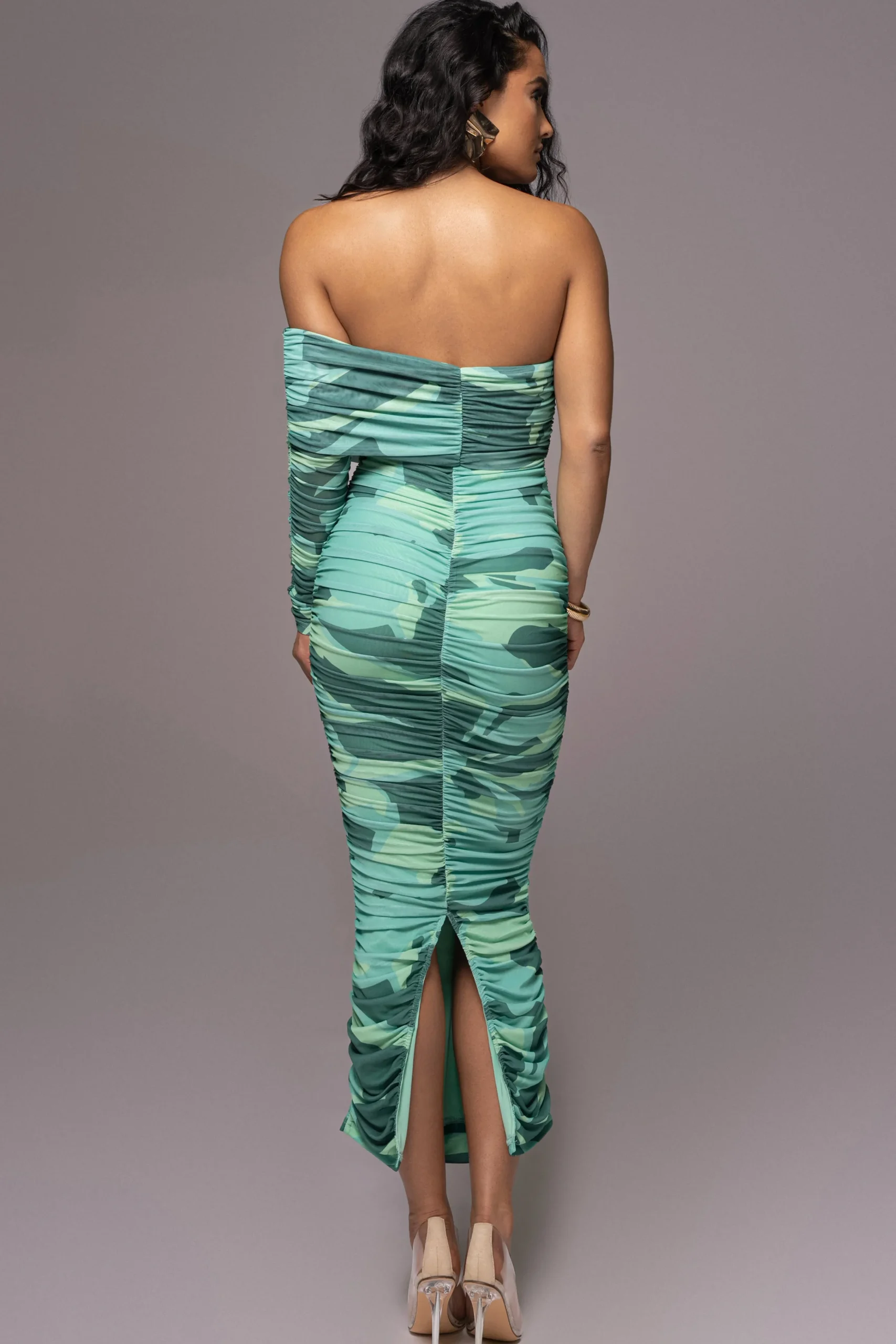 green_capri_ruched_dress_6.webp JLUXLABEL Green Capri Ruched Dress
