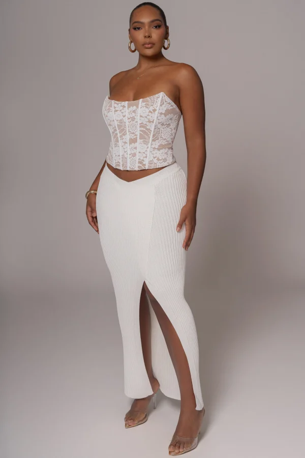 JLUXLABEL Ivory Hamptons Ribbed Slit Skirt