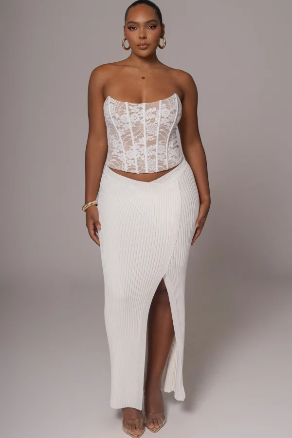 JLUXLABEL Ivory Hamptons Ribbed Slit Skirt