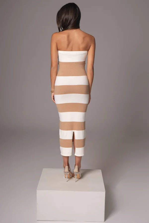 JLUXLABEL Ivory/Beige Striped Strapless Midi Dress