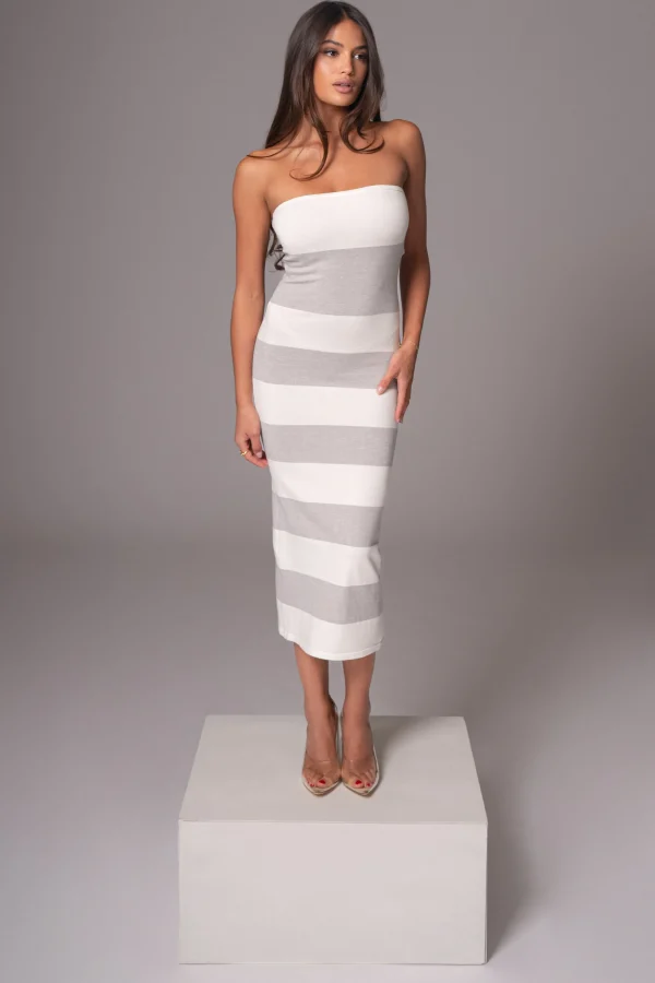 JLUXLABEL Ivory/Heather Grey Striped Strapless Midi Dress