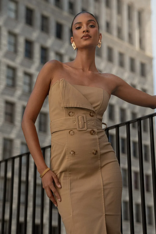 JLUXLABEL Khaki Asymmetric Belted Midi Dress
