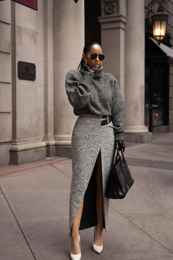 JLUXLABEL Lt. Grey Gisele Tweed Slit Skirt