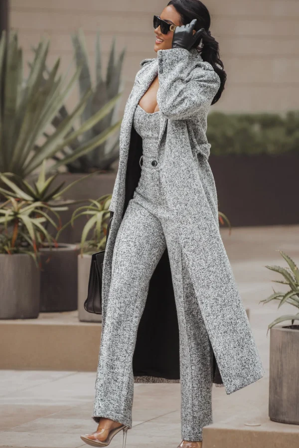 JLUXLABEL Lt. Grey Savannah Belted Tweed Coat