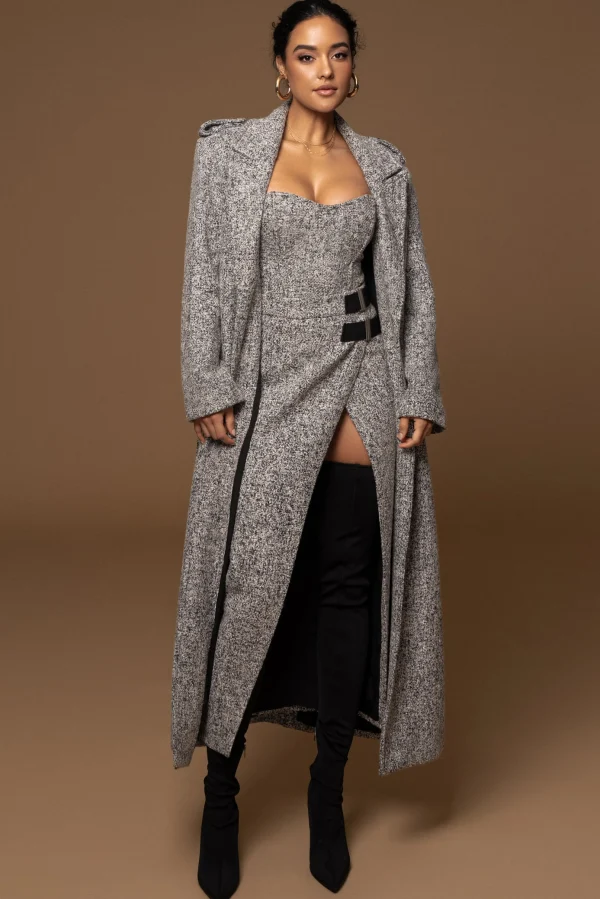 JLUXLABEL Lt. Grey Savannah Belted Tweed Coat