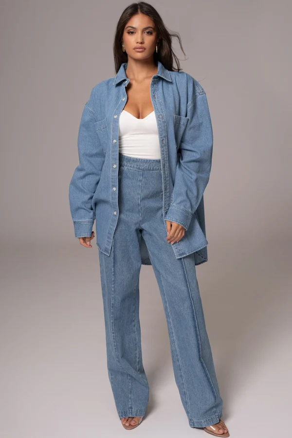 JLUXLABEL Medium Wash Denim Brandi Oversized Button Up