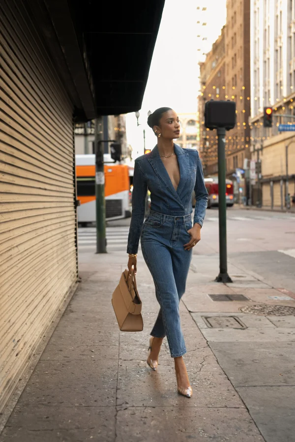JLUXLABEL Medium Wash Dominica Structured Denim Bodysuit