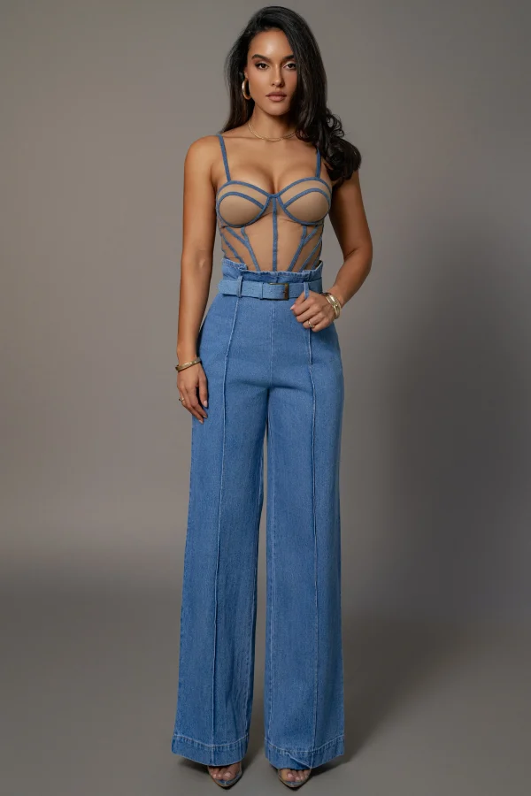 JLUXLABEL Medium Wash Minka Paper Bag Flare Leg Pants