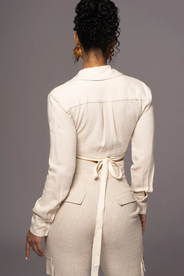 JLUXLABEL Natural Drift Away Linen Wrap Top