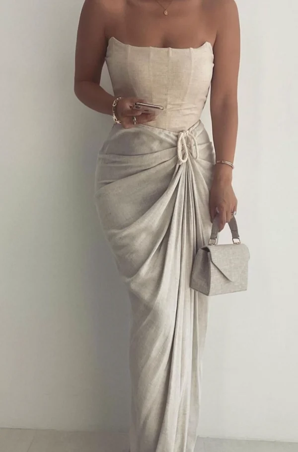 JLUXLABEL Natural Noelia Linen Slit Skirt