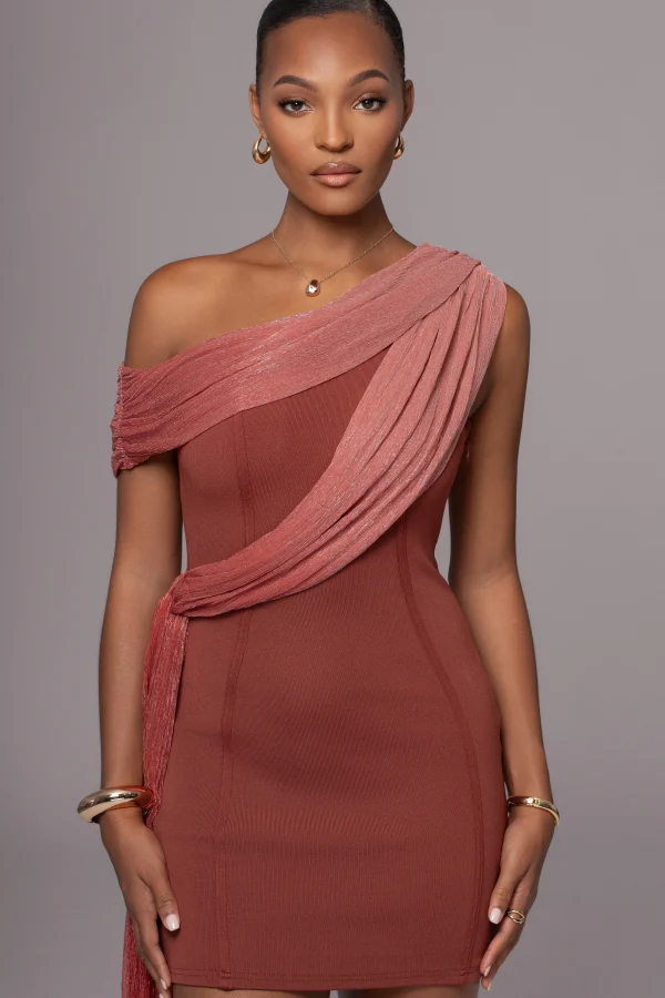 JLUXLABEL Red Asymmetric Drape Mini Dress