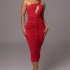 JLUXLABEL Red Jess Ruched Midi Dress