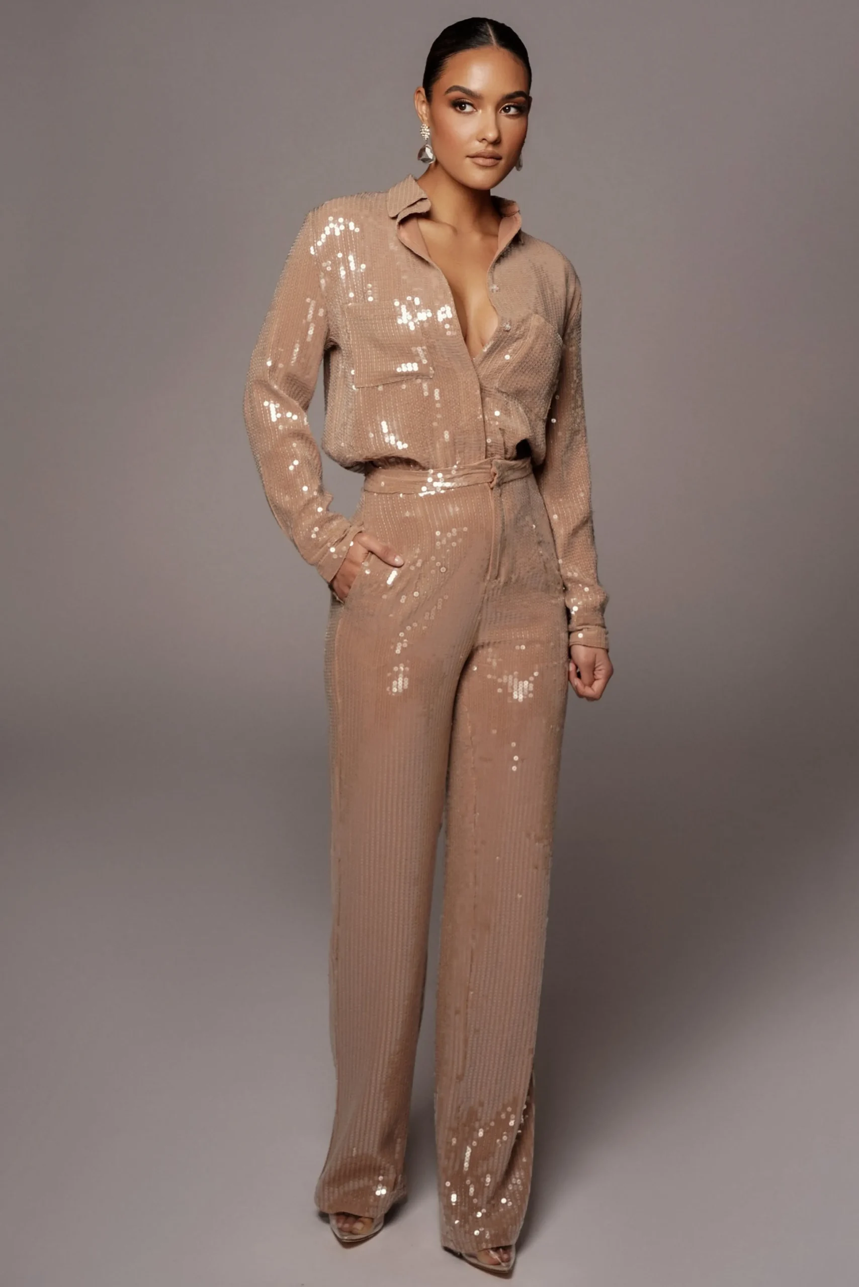 tan_baguette_sequin_butto_3.webp JLUXLABEL Tan Baguette Sequin Button Up