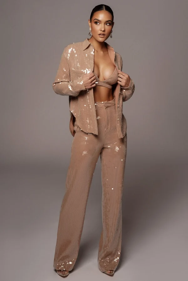JLUXLABEL Tan Baguette Sequin Button Up