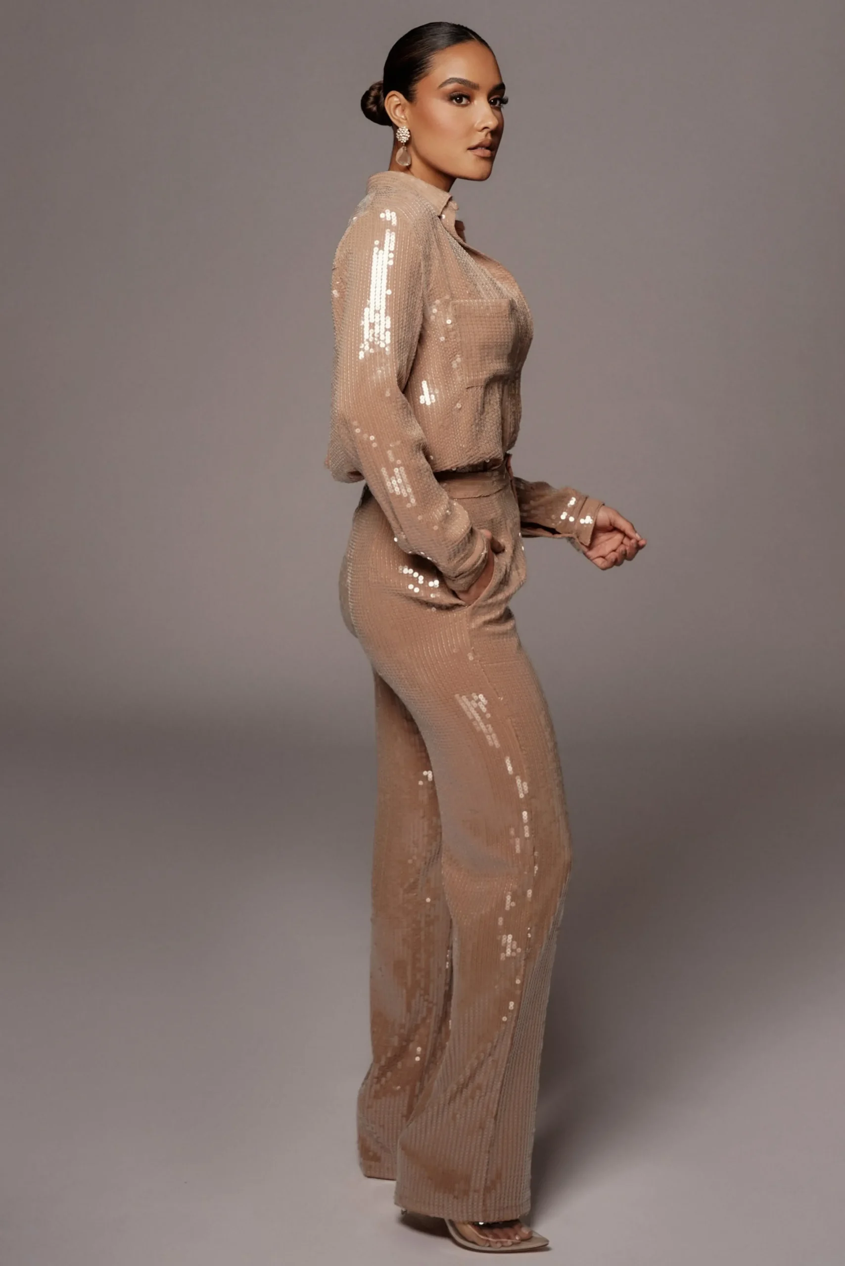 tan_baguette_sequin_butto_9.webp JLUXLABEL Tan Baguette Sequin Button Up